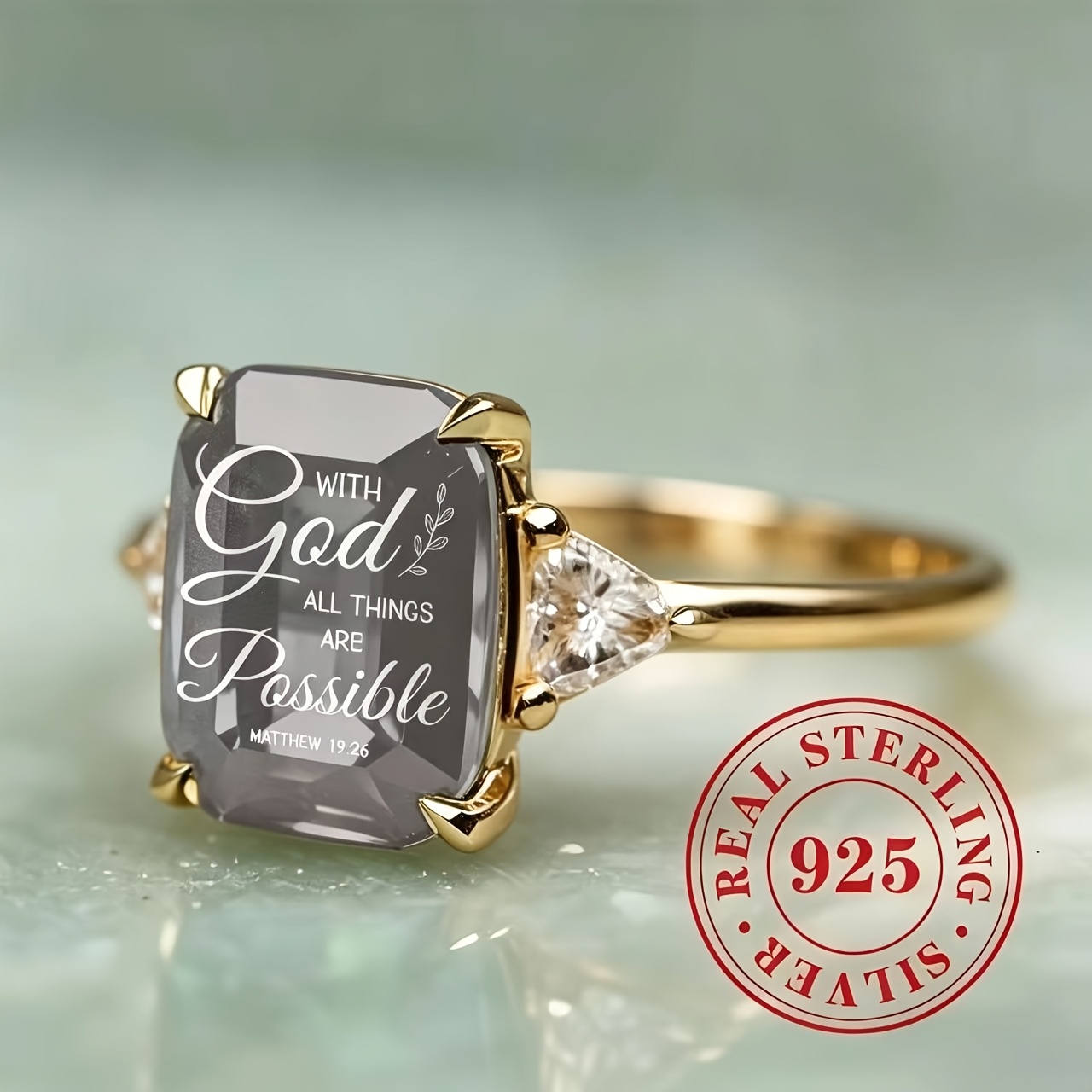 S925 Silver Rectangle Gray Crystal Engraved Bible Verse Ring